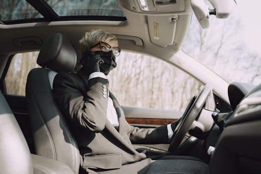 From below side view of unrecognizable woman in formal clothes and protective mask and gloves talking on cellphone while driving contemporary car
