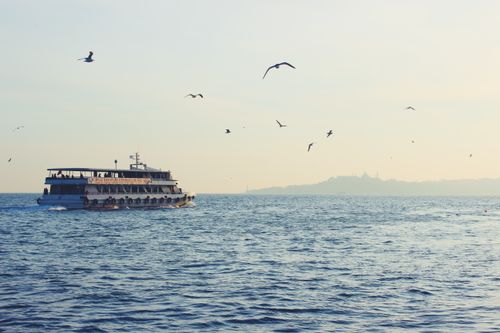 Free A peaceful ferry sailing with birds flying over the sea under a bright sky. Stock Photo