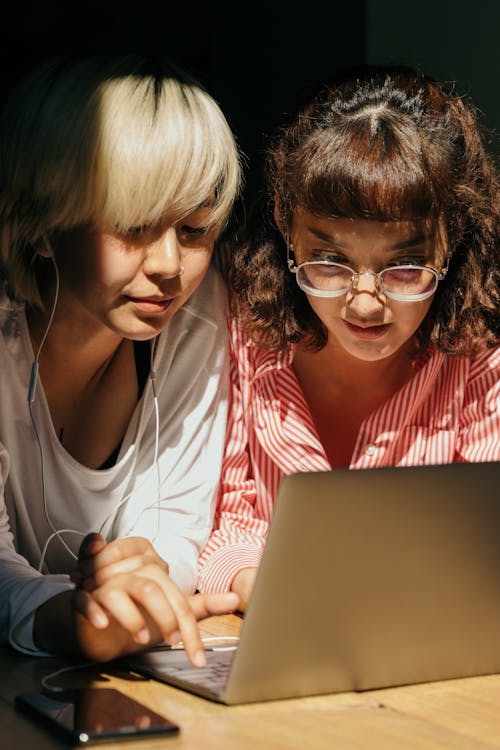 Content girlfriends using laptop together · Free Stock Photo
