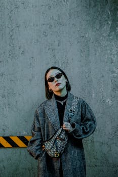 Edgy portrait of a fashionable woman in sunglasses and a chic coat against an urban backdrop.