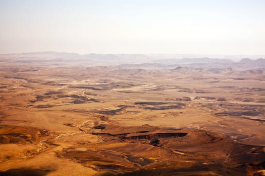 Expansive aerial view of Negev Desert's arid landscape in Southern Israel.