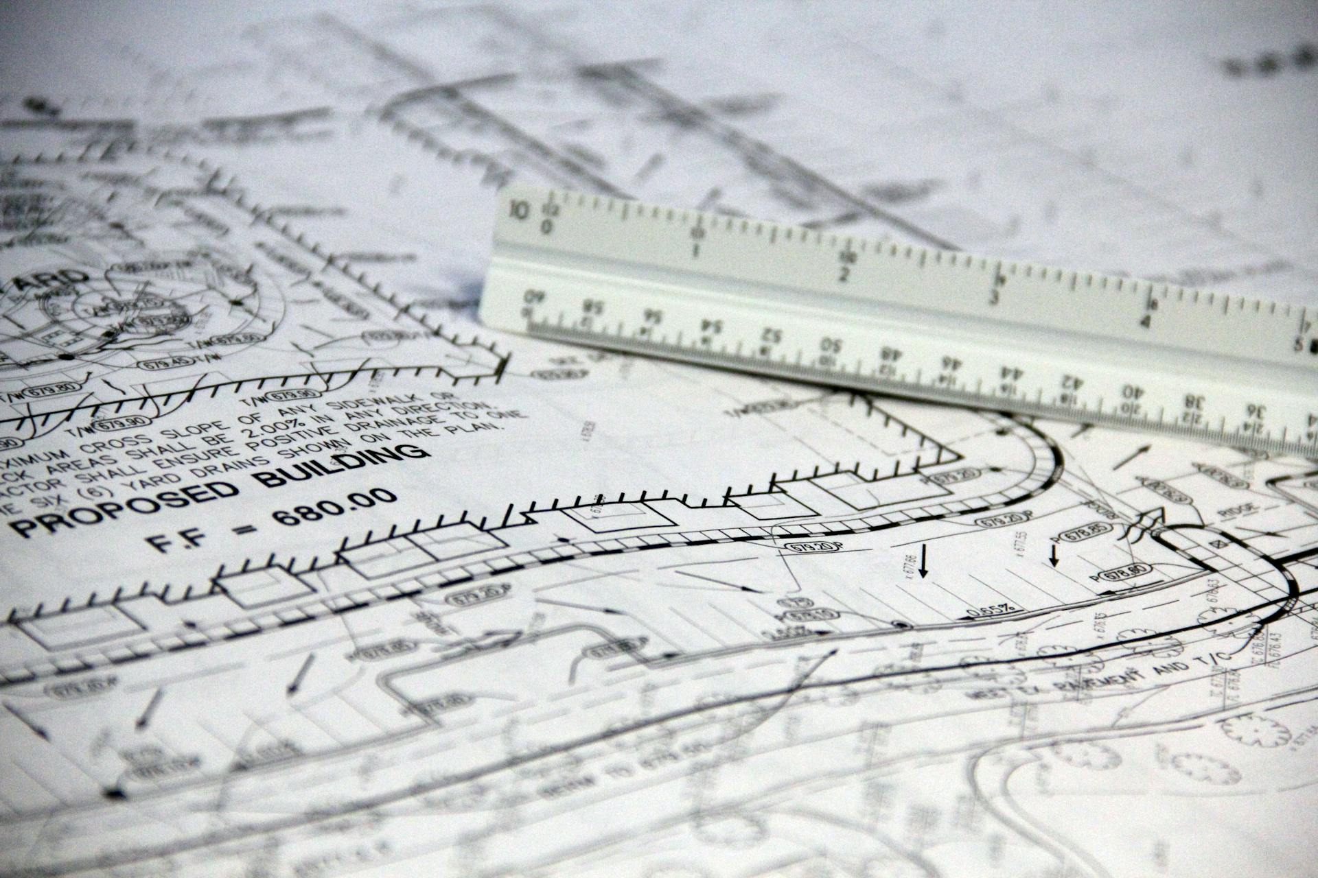 Detailed close-up of architectural blueprints with scale ruler, showing building plans and measurements.