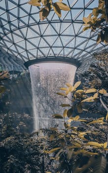 Contemporary style conservatory with rapid waterfall falling from center part of ceiling and surrounded by growing plants and trees