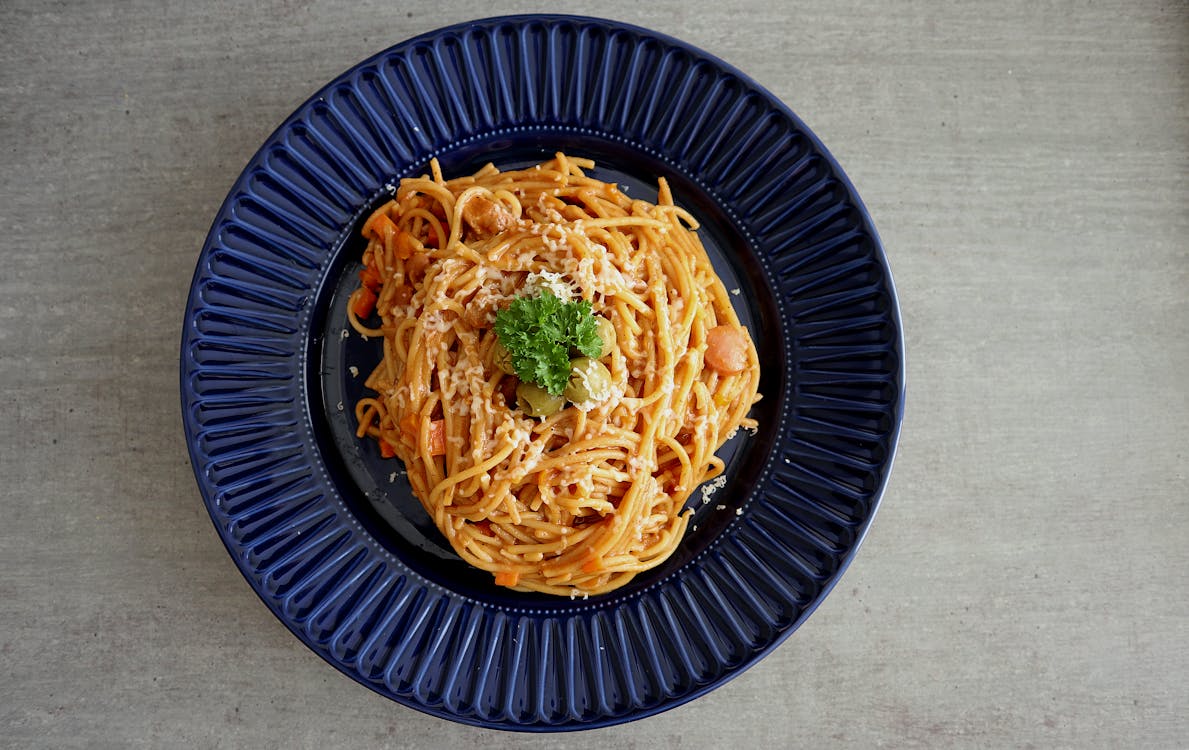 Filipino Style Spaghetti on Blue Plate