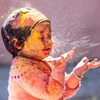 Side view of charming ethnic kid in headscarf and knitted sweater standing with closed eyes all covered multicolored powder during religious Hindu holiday