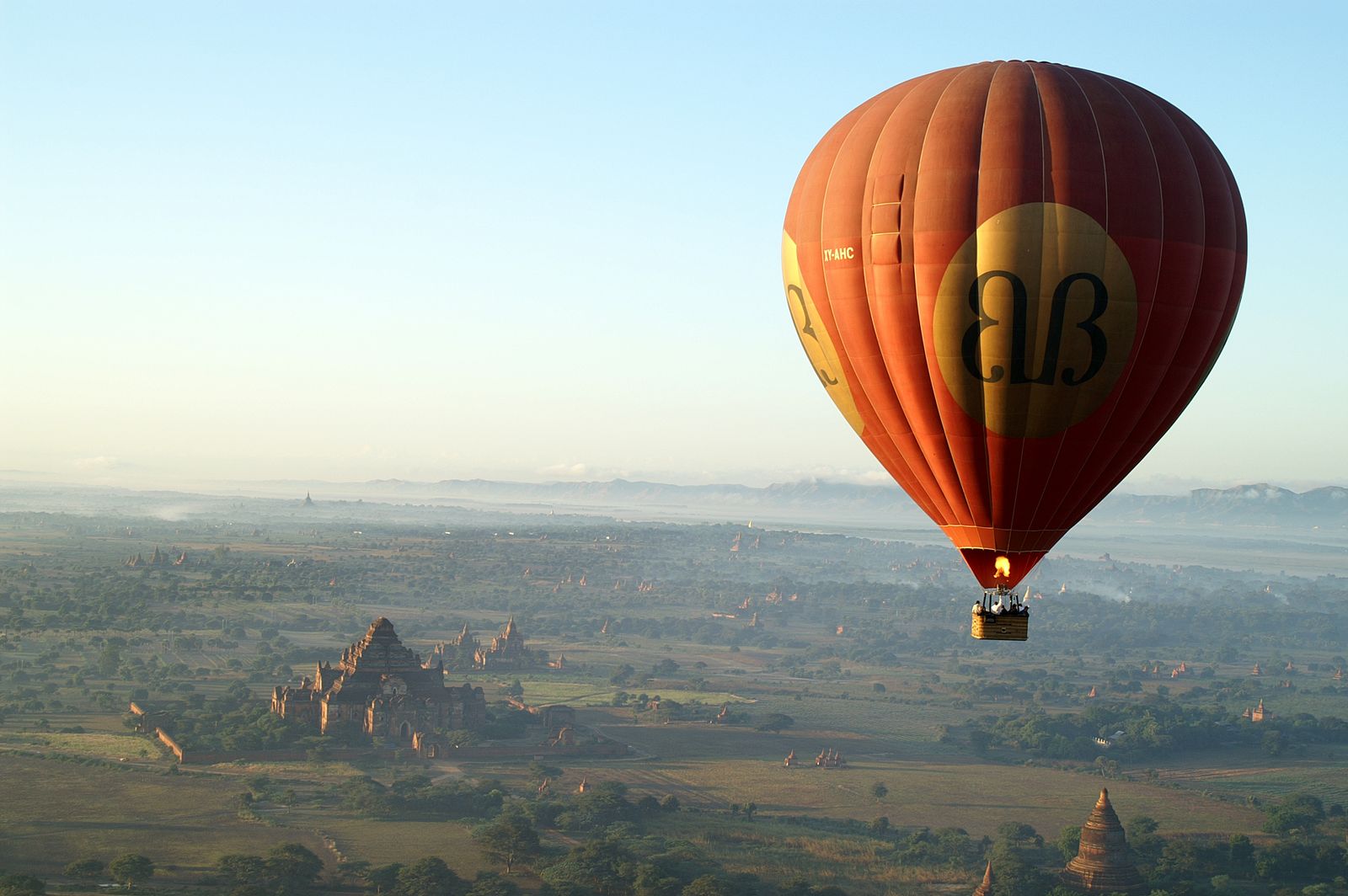 Ancient Buddhist pagodas at sunrise in Bagan, Myanmar