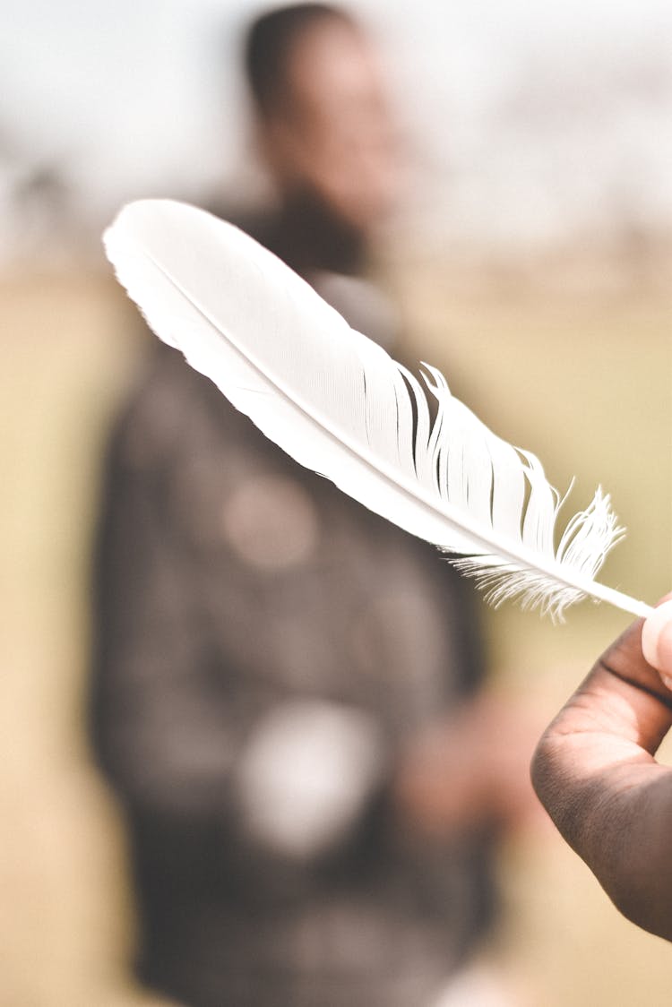 White Feather In Hand Of Anonymous Person