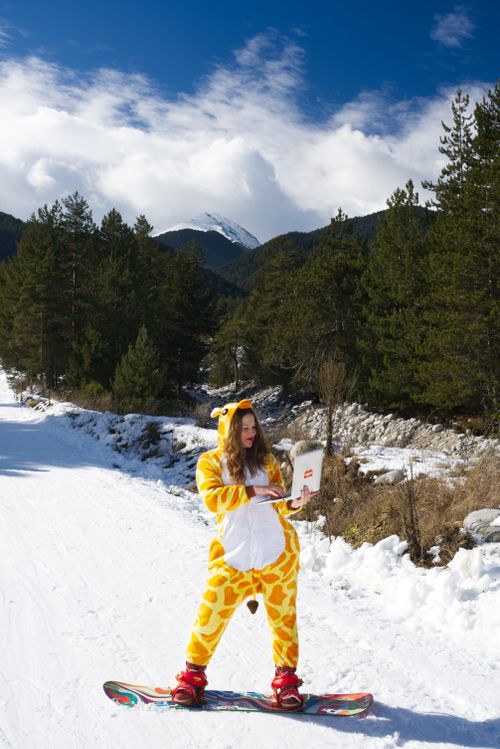 Free Person in giraffe costume using laptop on snowboard in snowy forest setting. Stock Photo
