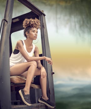 一位卷发的年轻女子优雅地坐在户外，散发着风格与优雅