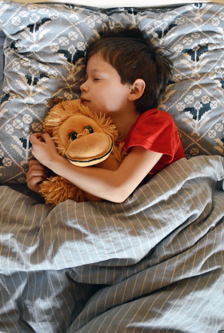 Cute Child Hugging Toy And Sleeping In Bed