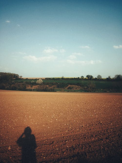 Shadow of anonymous person on plowed field near green meadows against blue sky on sunny summer day