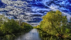 一条美丽的河流，两岸绿植葱郁，天空云层绚烂，充满生机