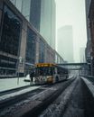 冬季，一辆城市巴士行驶在明尼阿波利斯市中心白雪皑皑的街道上，展现着城市生活的景象