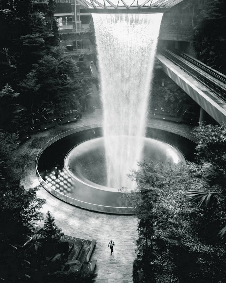 Interior Of Modern Airport With Indoor Fountain And Tropical Trees