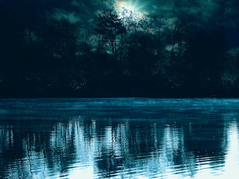 在宁静的湖泊中，倒映着多云的天空下树木的剪影，构成了一幅戏剧性的黄昏场景