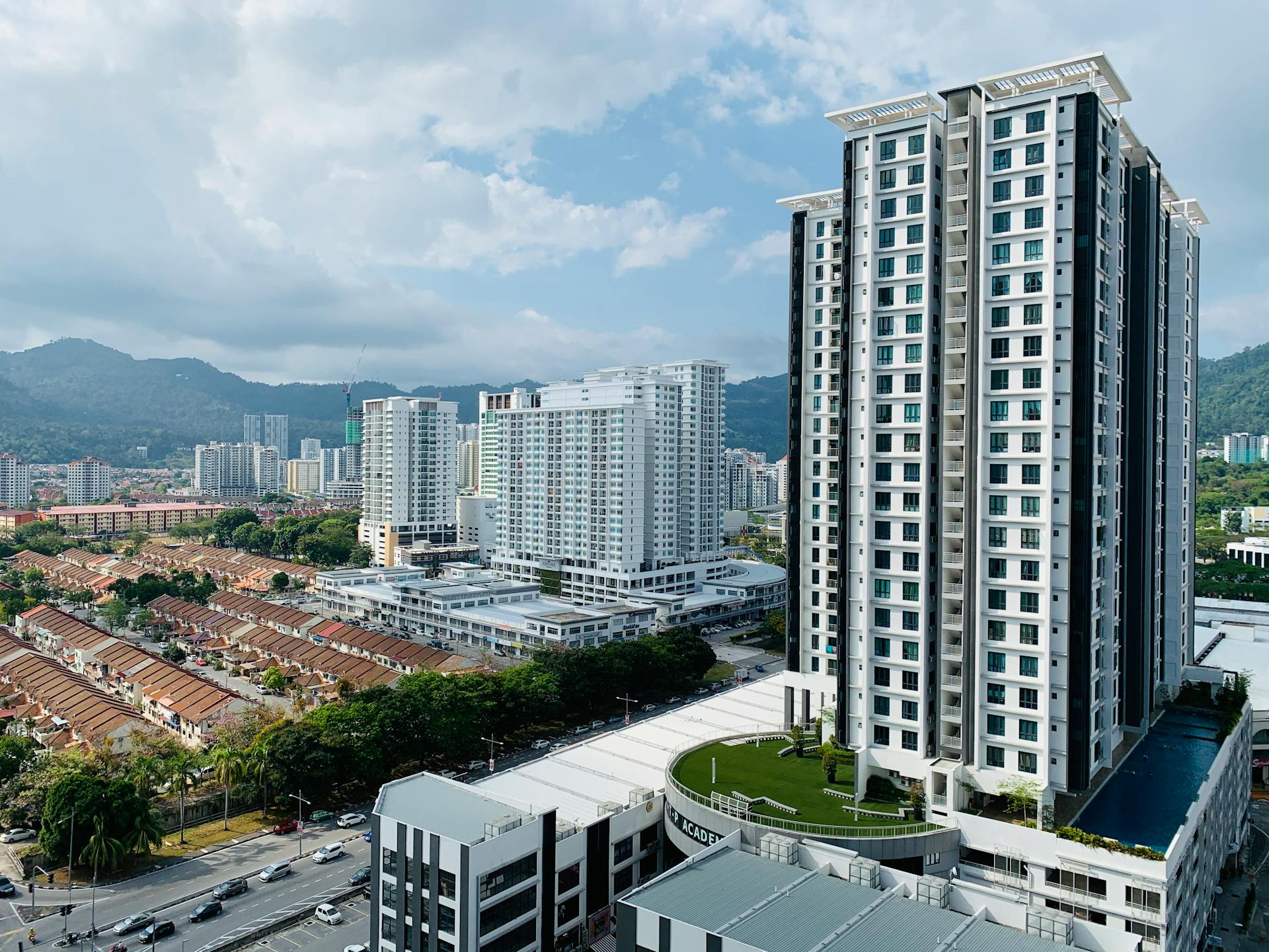 Modern high-rise residential and commercial buildings in Bayan Lepas, Penang, Malaysia.