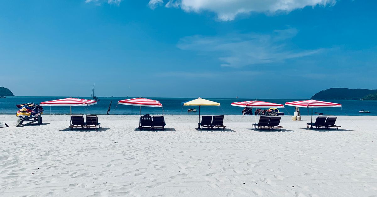 Picturesque scenery of empty sandy beach with sun loungers and umbrellas placed in row near sea against blue sky