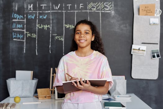 Smiling teen girl holding a notebook, standing in a classroom with a chalkboard timetable.
