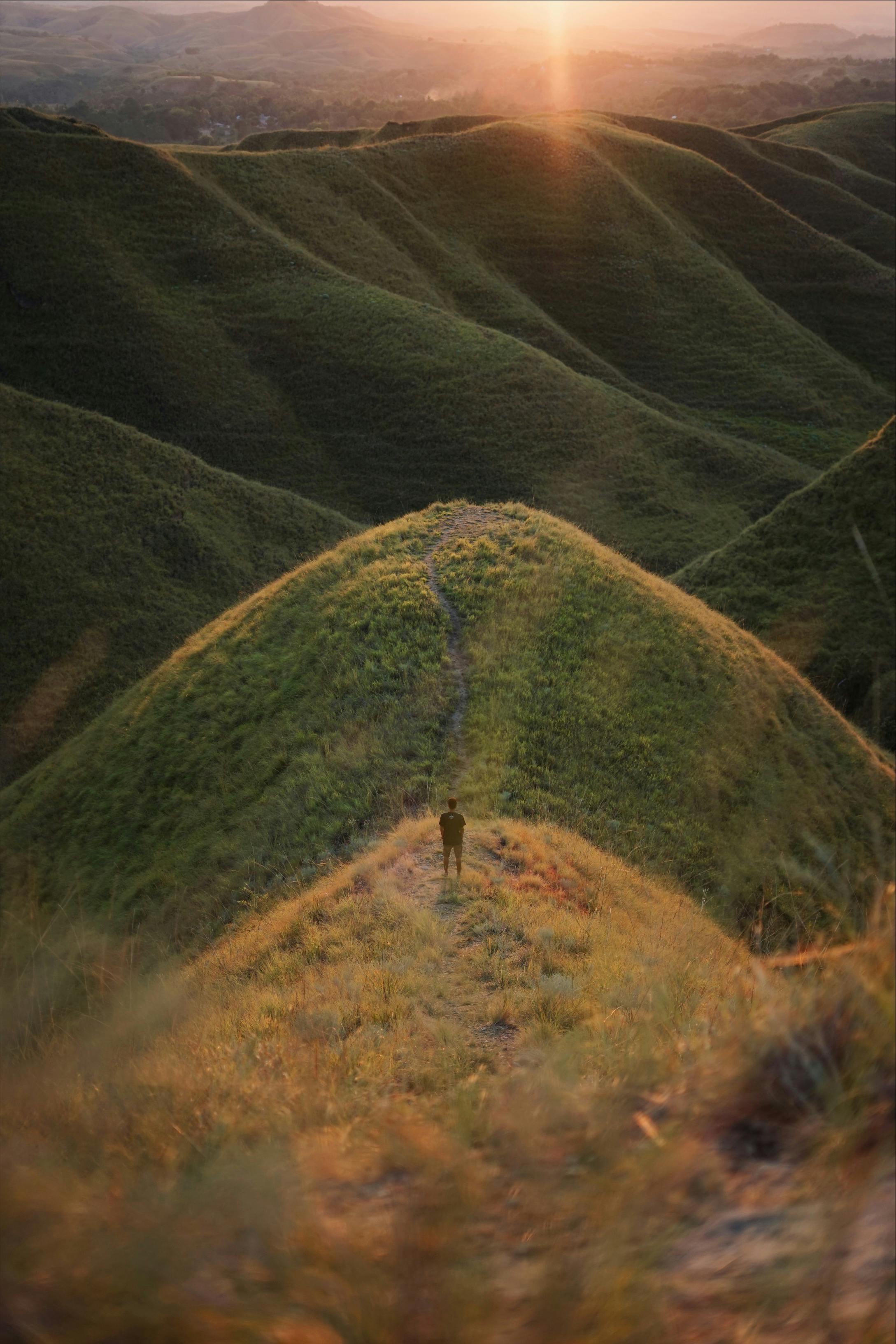 a person standing on a hill during sunset