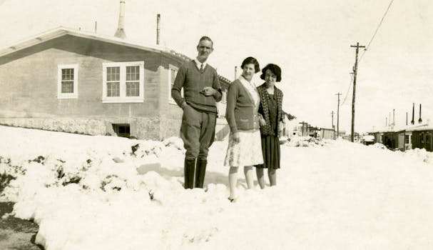 A nostalgic black and white portrait of a group standing in a snowy suburban street, exuding vintage charm.