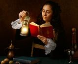 Focused woman in old outfit reading book with oil lamp