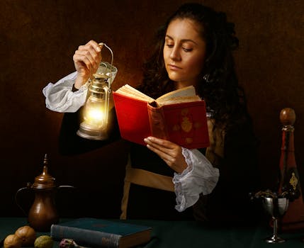 A woman in Victorian attire reading by oil lamp, evoking historical charm.