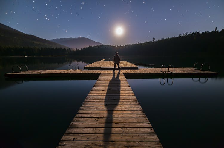 Silhouette Of Person Standing On Bridge