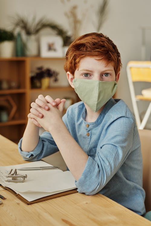 Boy in Blue Long Sleeve Shirt Wearing Face Mask