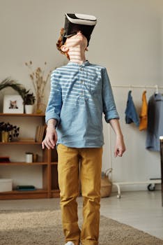 A young boy exploring a virtual reality experience indoors, wearing a VR headset.