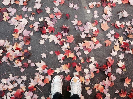 Scattered autumn leaves on pavement with white sneakers in Portland, Oregon.