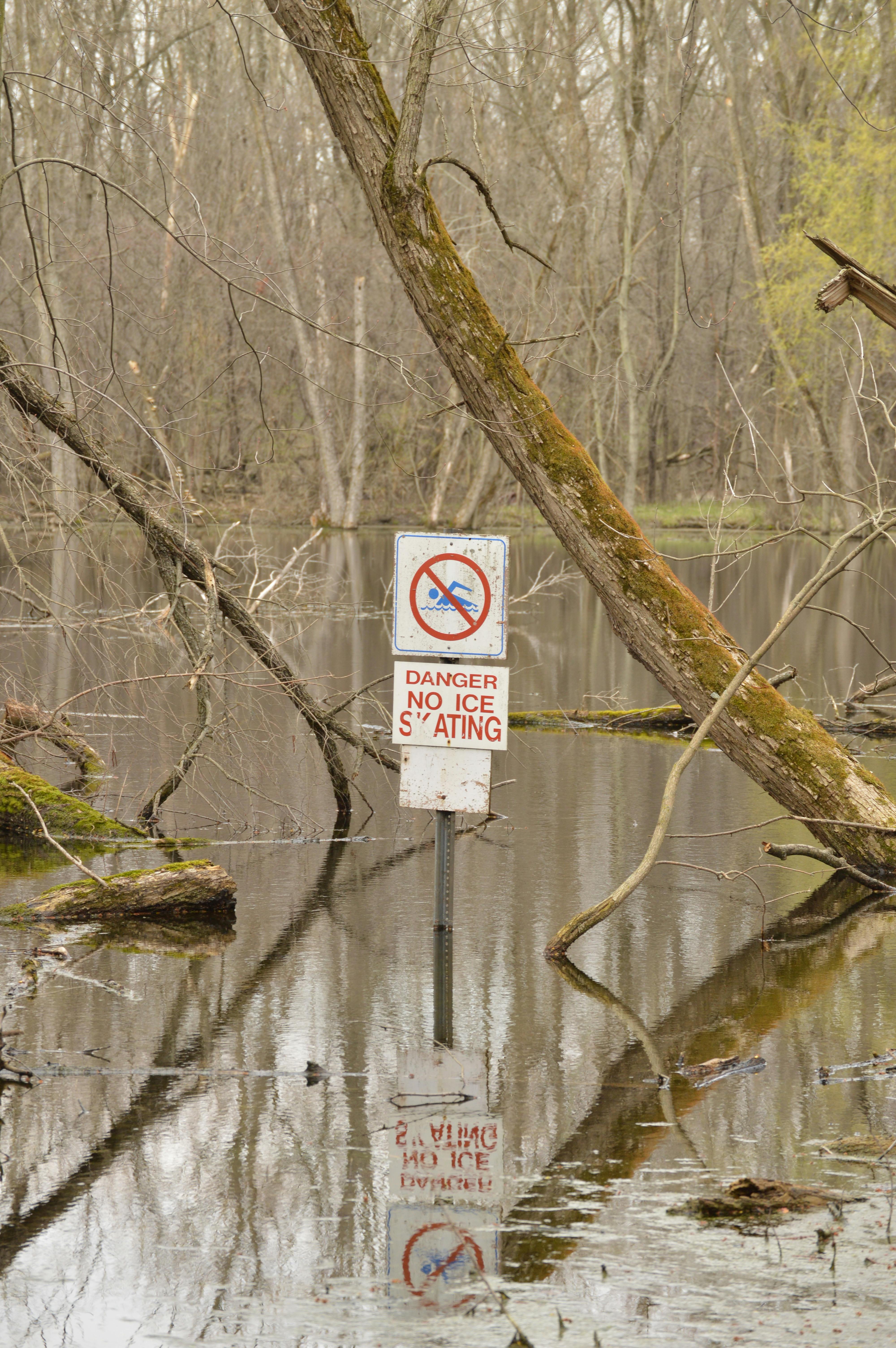 Caution sign above pond surface in autumn park