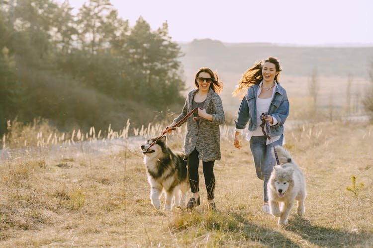 Photo Of Women Running With Their Dogs On Grass Field