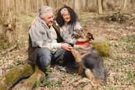 Happy elderly couple strolling in forest with dog