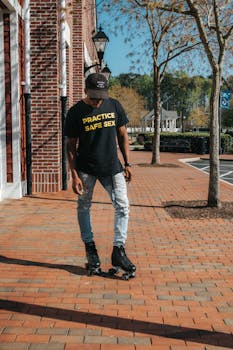 Young man rollerblading on a sunny day in an urban setting, wearing a graphic tee.