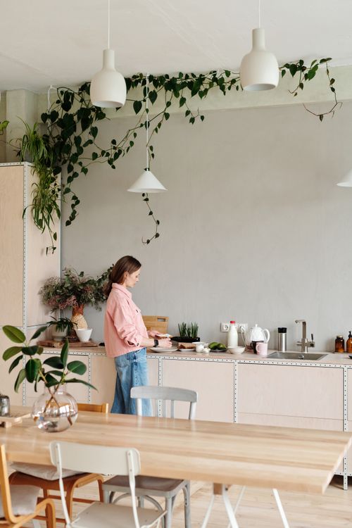 Free Woman in a modern kitchen preparing food with plants and minimalist decor. Stock Photo