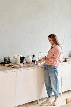 Young woman in casual attire preparing breakfast in a modern kitchen.