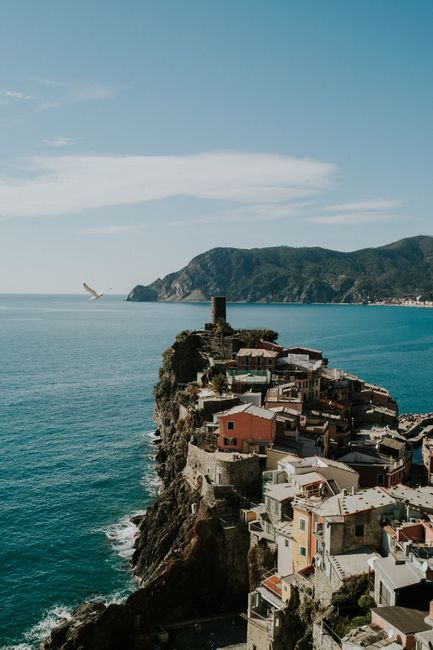 A stunning coastal view of Vernazza, Cinque Terre showcasing colorful houses on cliffs by the Ligurian Sea.