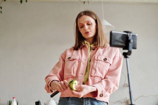 Woman in pink jacket recording a cooking vlog indoors using a smartphone.