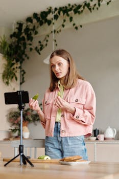 Woman demonstrates avocado recipe on vlog in stylish kitchen with indoor plants.