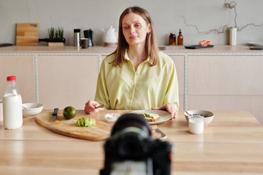 Caucasian woman creating a cooking vlog at home with avocado toast and milk.
