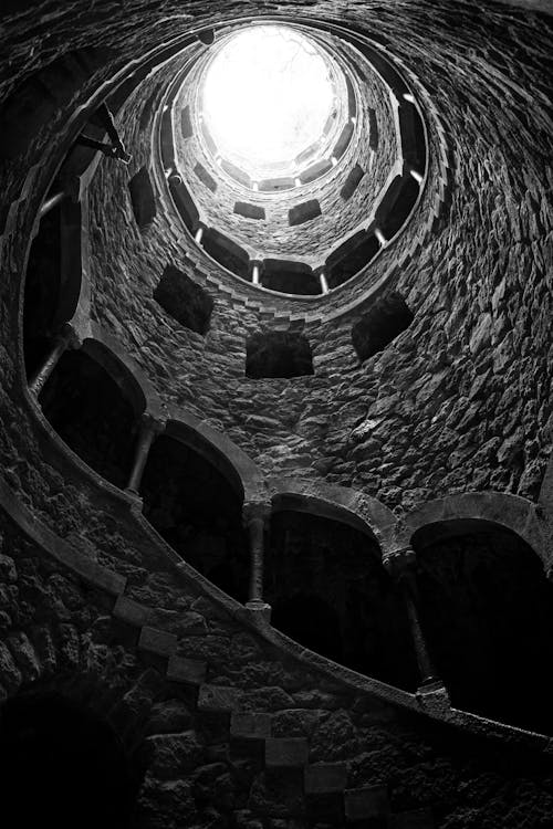 View from inside old stone tower with shabby walls