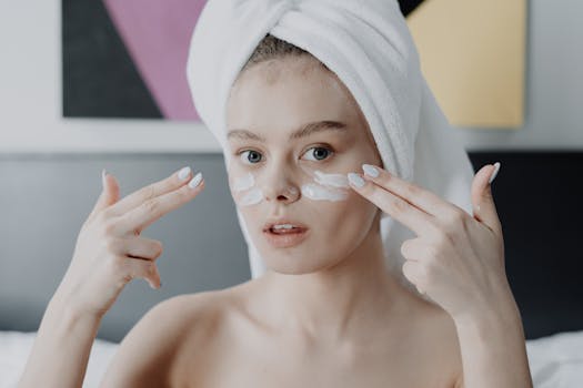 A young woman with a towel on her head applying face cream in a skincare routine.