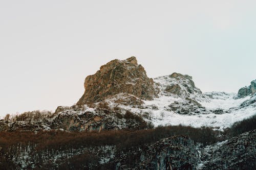 From below amazing scenery of rocky mountains covered with snow with leafless forest against cloudy sky on winter day