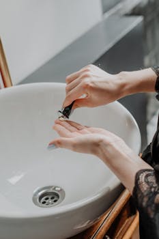 Close-up of a woman applying cream in a modern bathroom setting. Perfect for beauty and skincare themes.