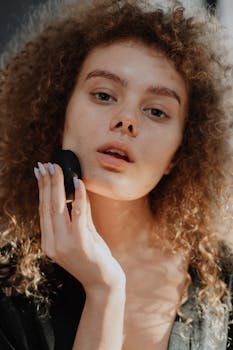 A young woman with curly hair applies skincare with a sponge indoors.