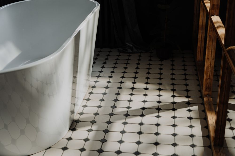 Slip-resistant tile bathroom flooring installed for a Lake Arrowhead mountain cabin