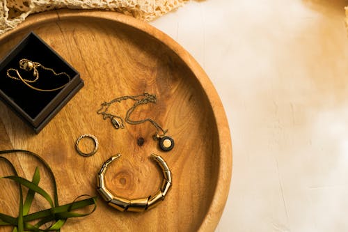 Free Accessories on Round Wooden Tray Stock Photo