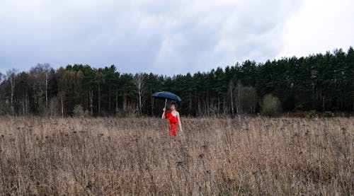 Gracious female in classy red dress with black umbrella standing on grassy valley against lush forest on cloudy day