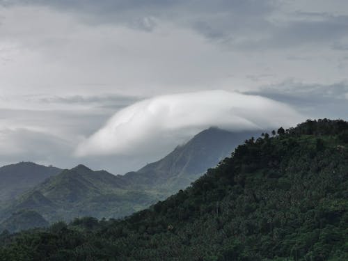 High angle of landscape of hills covered with green trees and clouds under gray sky