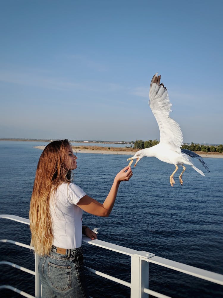 A Woman In A White Shirt Feeding A Bird